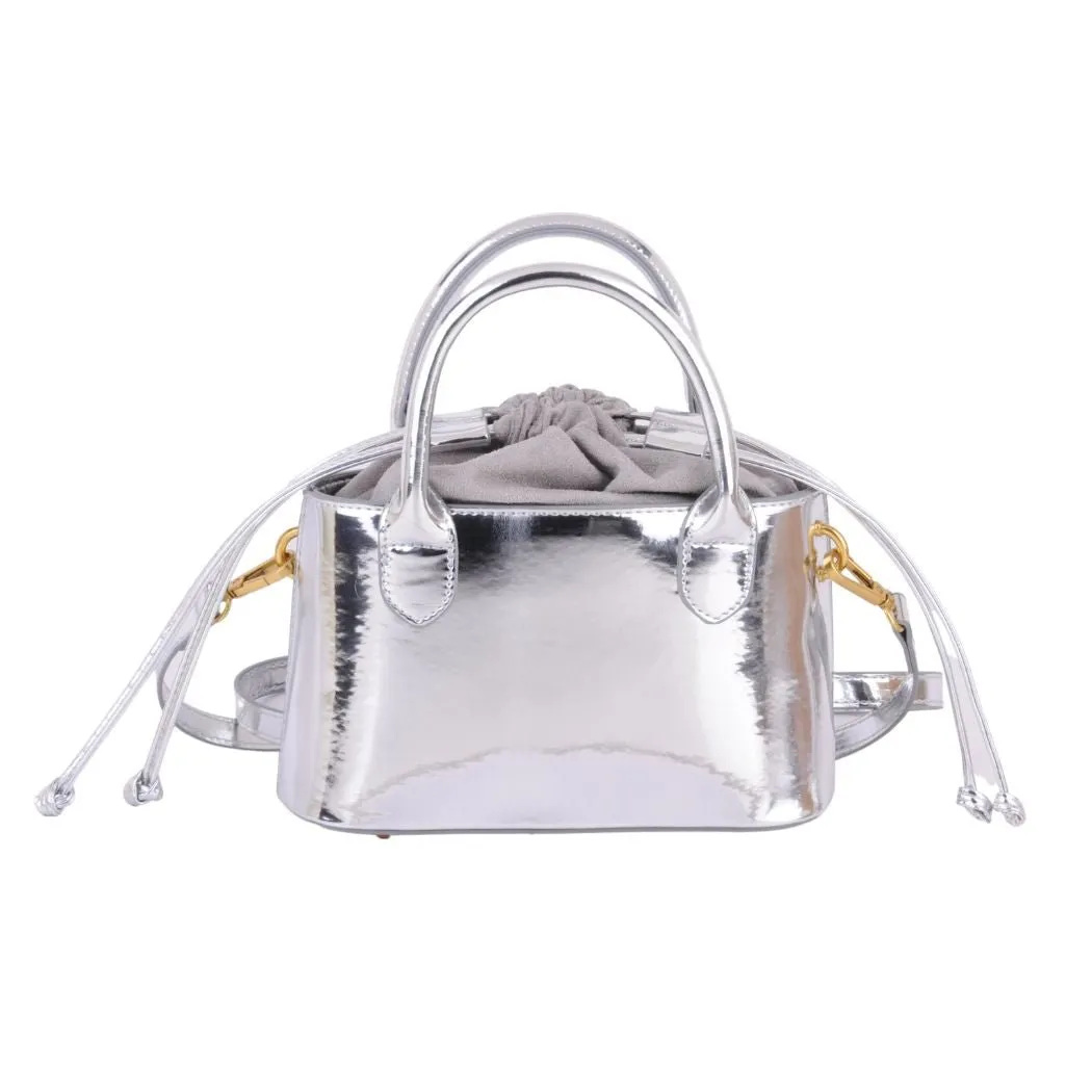 1439 - Metallic Chrome Top Handle Drawstring Bag