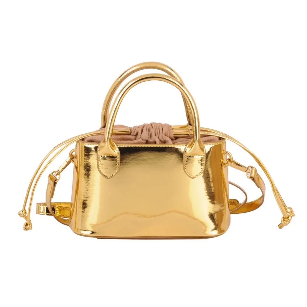1439 - Metallic Chrome Top Handle Drawstring Bag