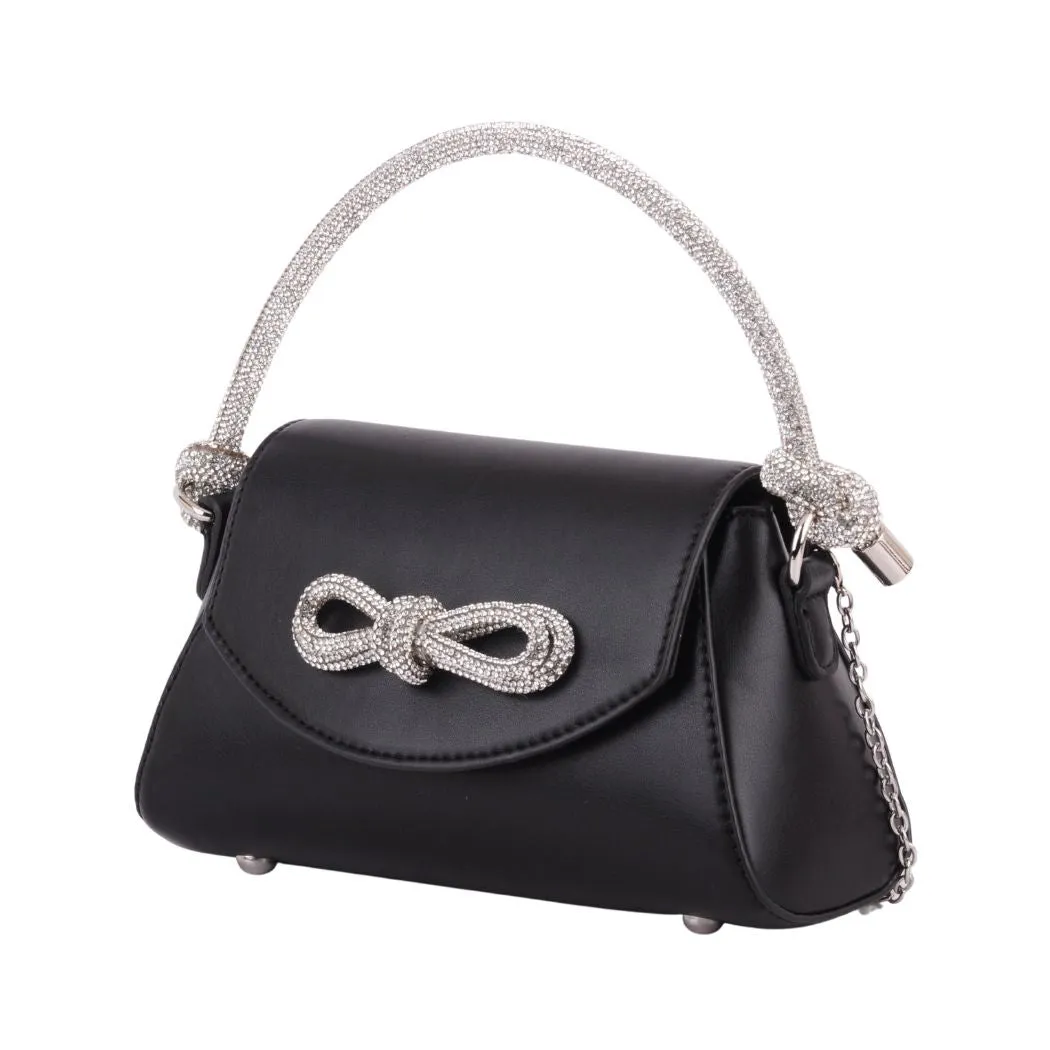 1475 - Black Faux Leather Handbag with Rhinestone Bow