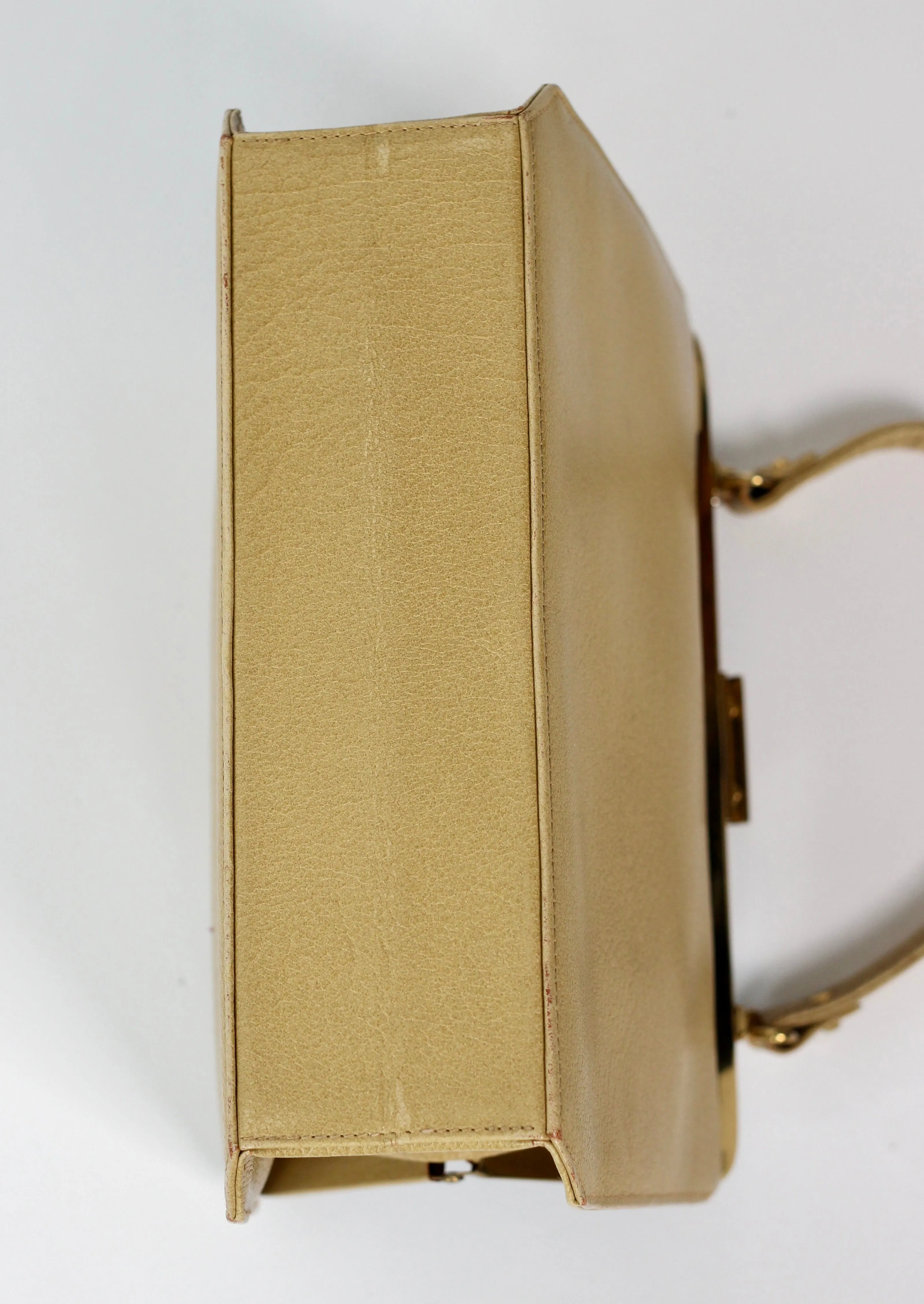 1960s Dark Beige Leather Top Handle Bag with Brown Leather Linen/Danish Design