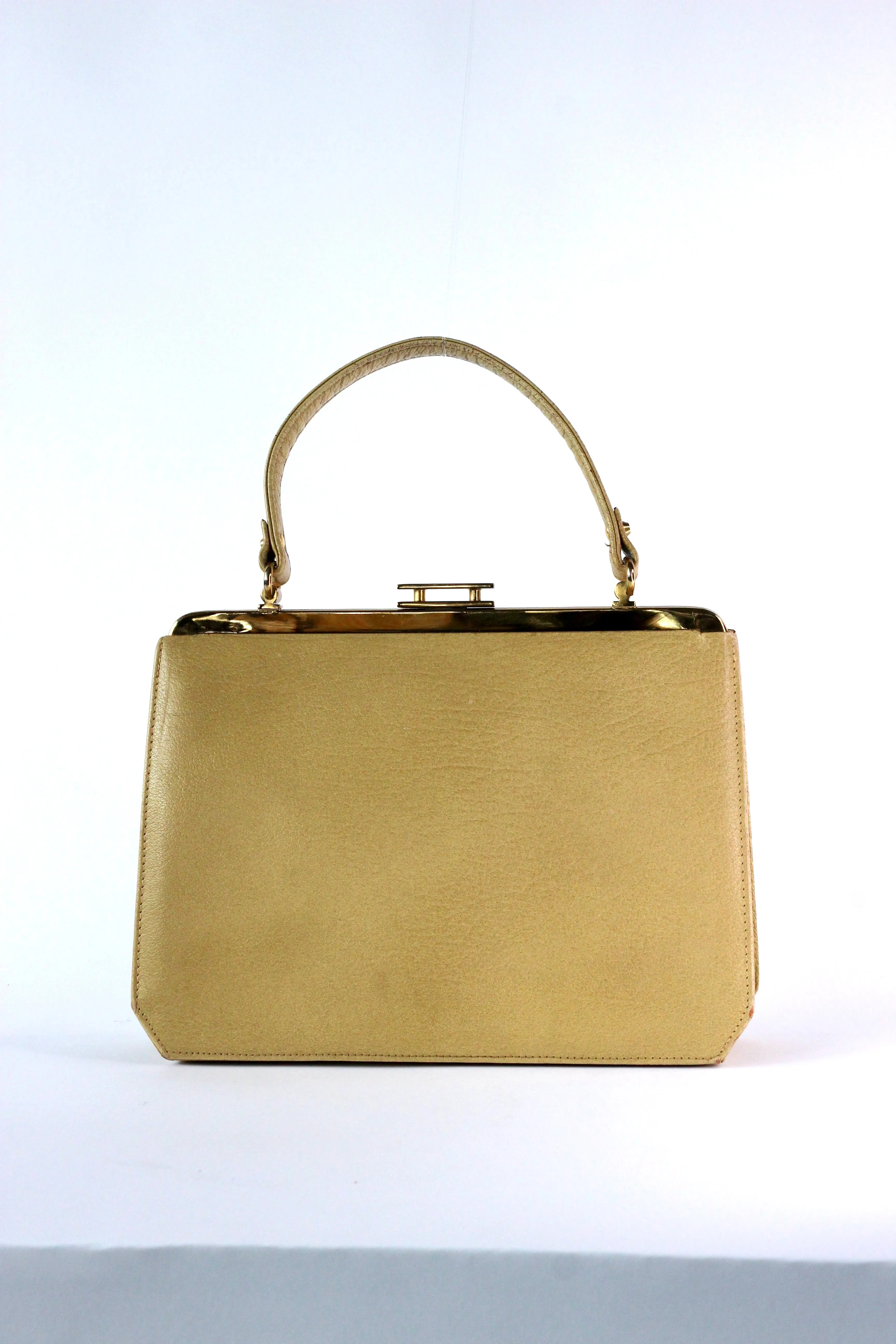 1960s Dark Beige Leather Top Handle Bag with Brown Leather Linen/Danish Design