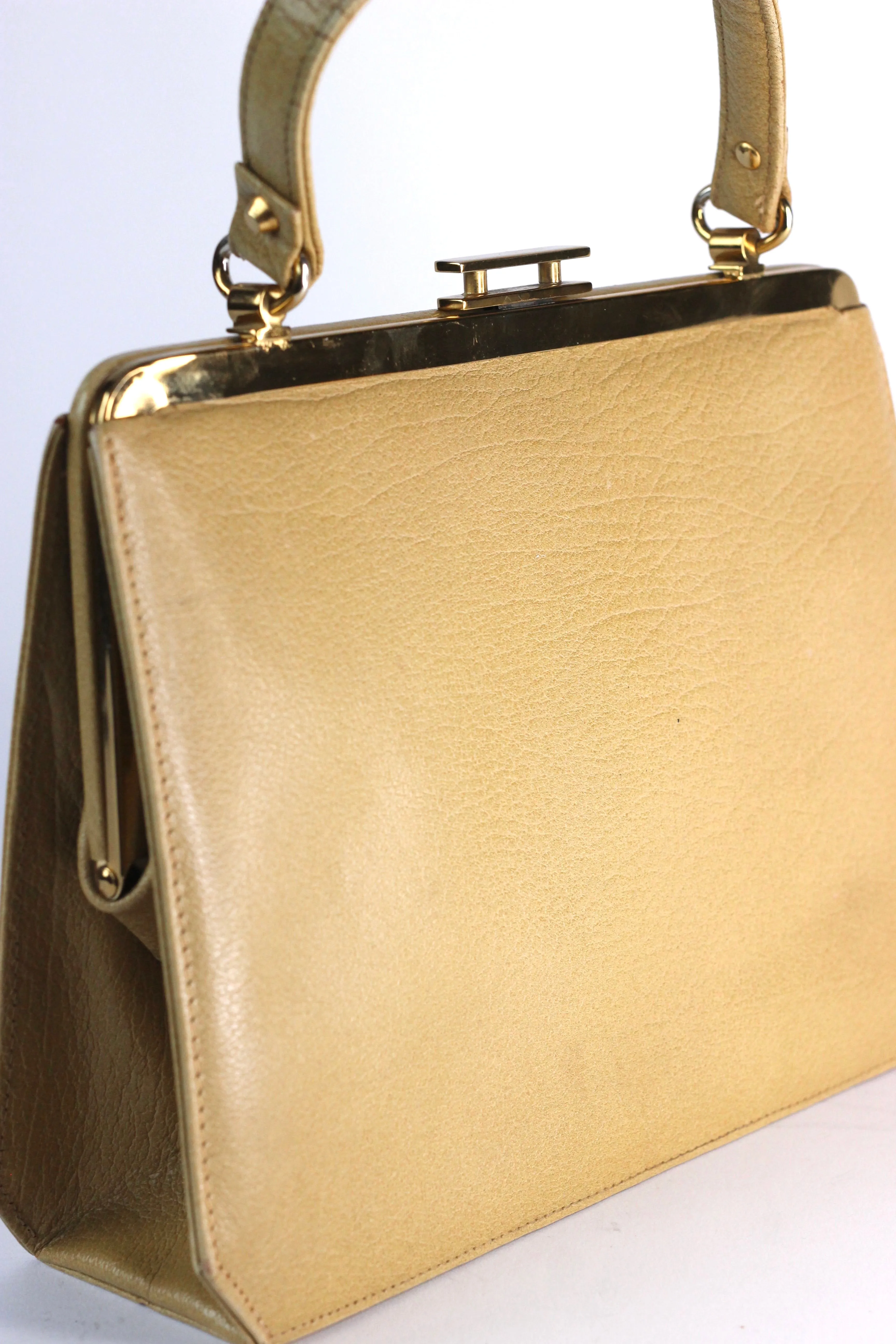 1960s Dark Beige Leather Top Handle Bag with Brown Leather Linen/Danish Design