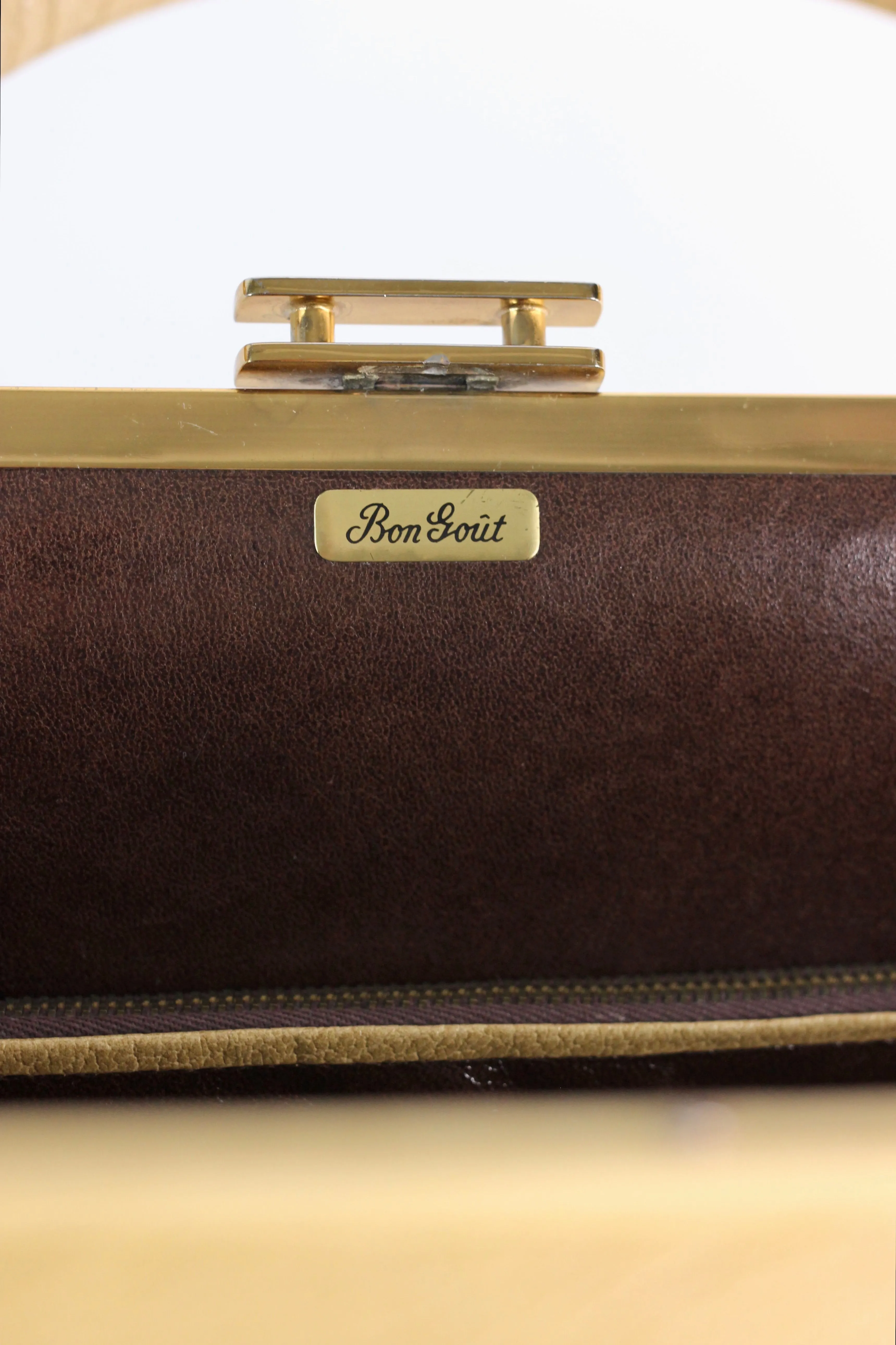 1960s Dark Beige Leather Top Handle Bag with Brown Leather Linen/Danish Design