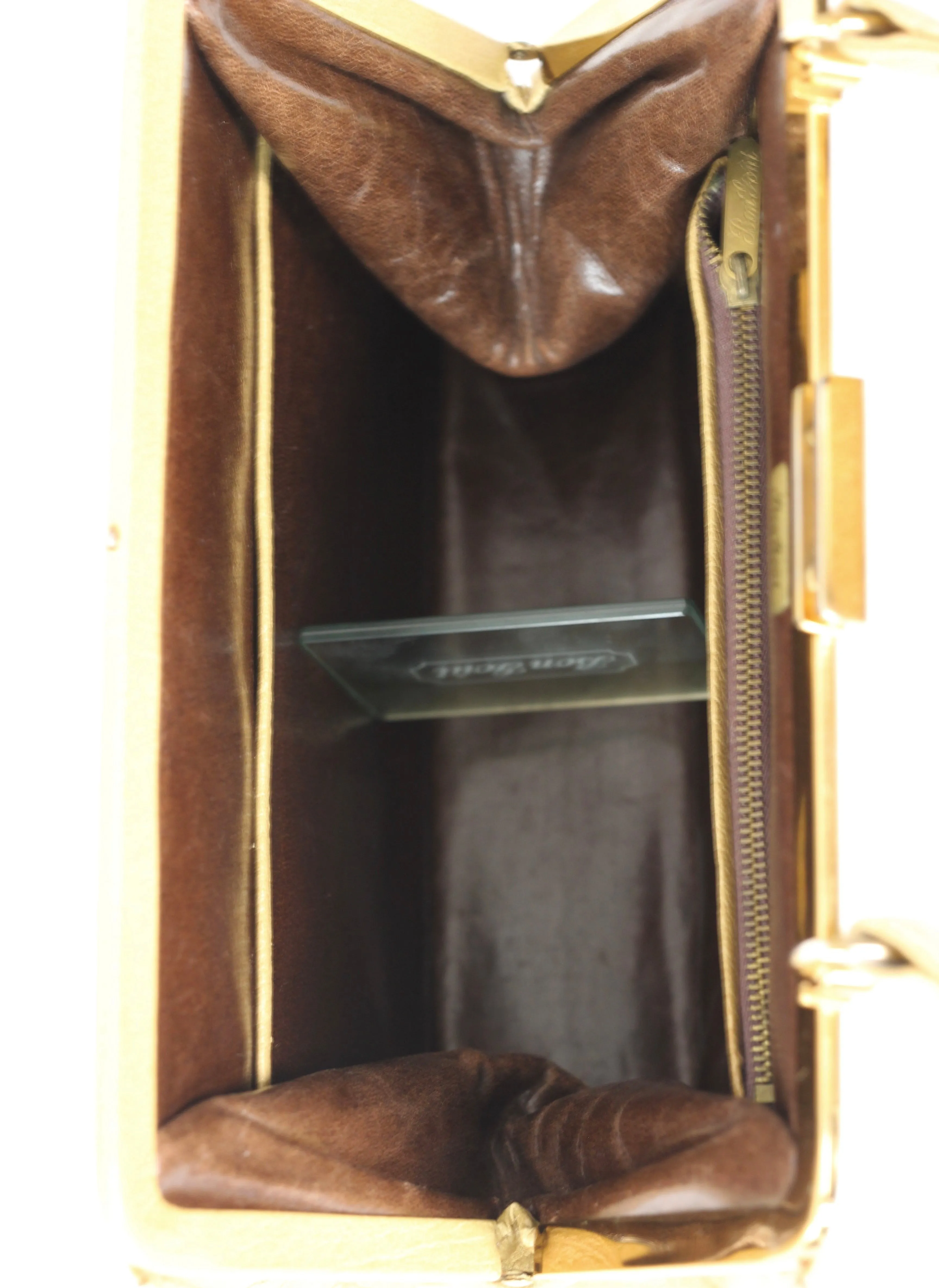 1960s Dark Beige Leather Top Handle Bag with Brown Leather Linen/Danish Design