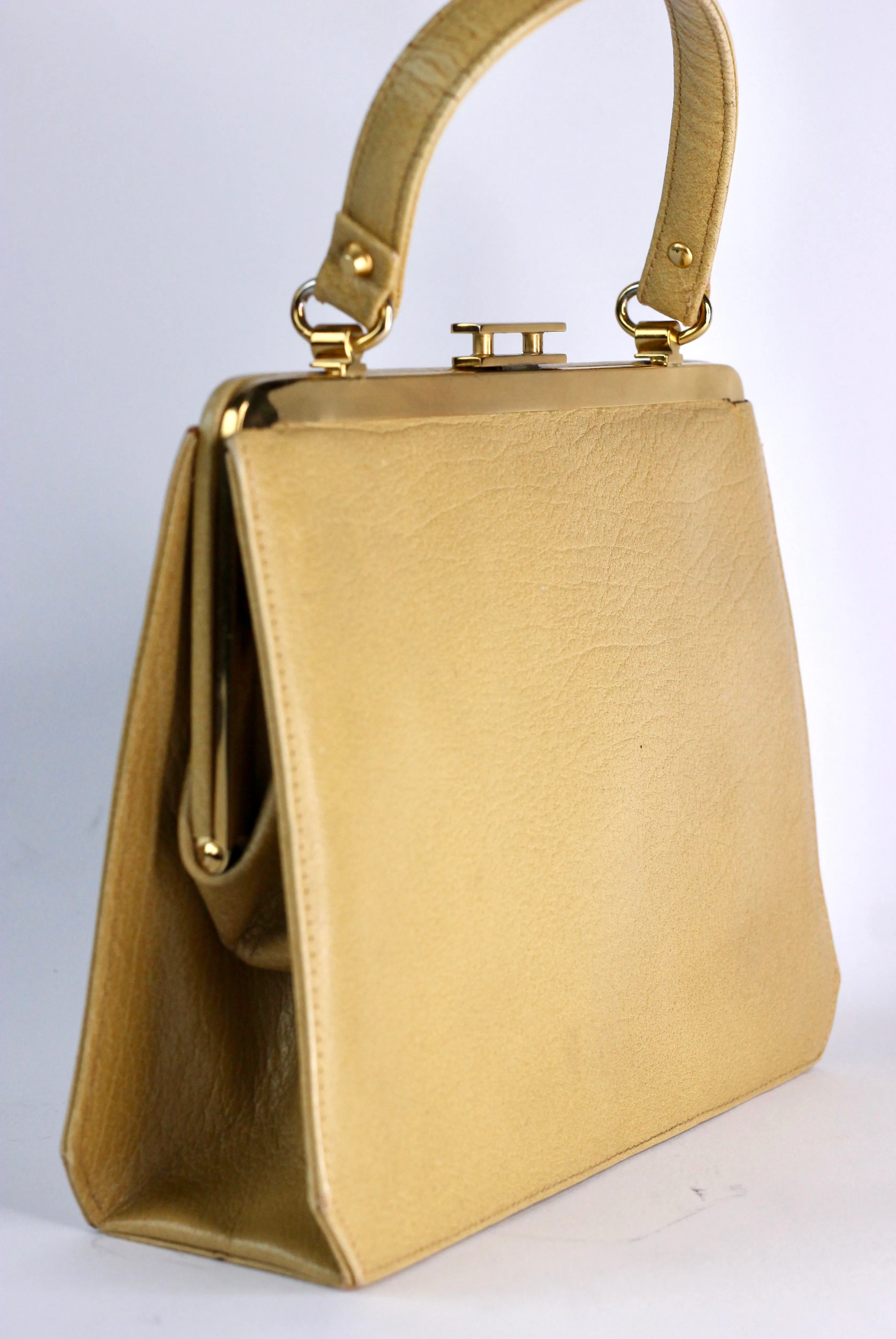 1960s Dark Beige Leather Top Handle Bag with Brown Leather Linen/Danish Design