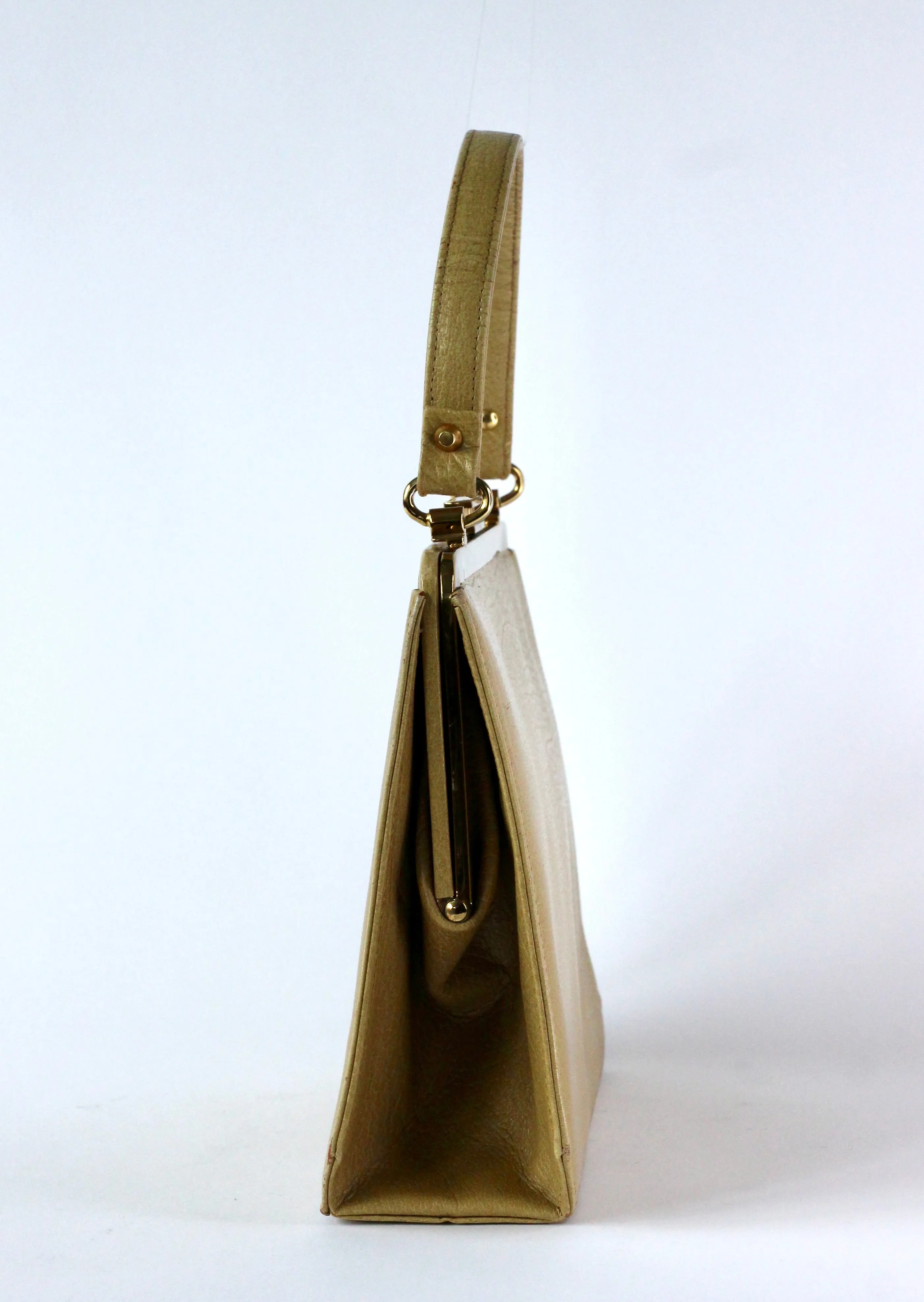 1960s Dark Beige Leather Top Handle Bag with Brown Leather Linen/Danish Design