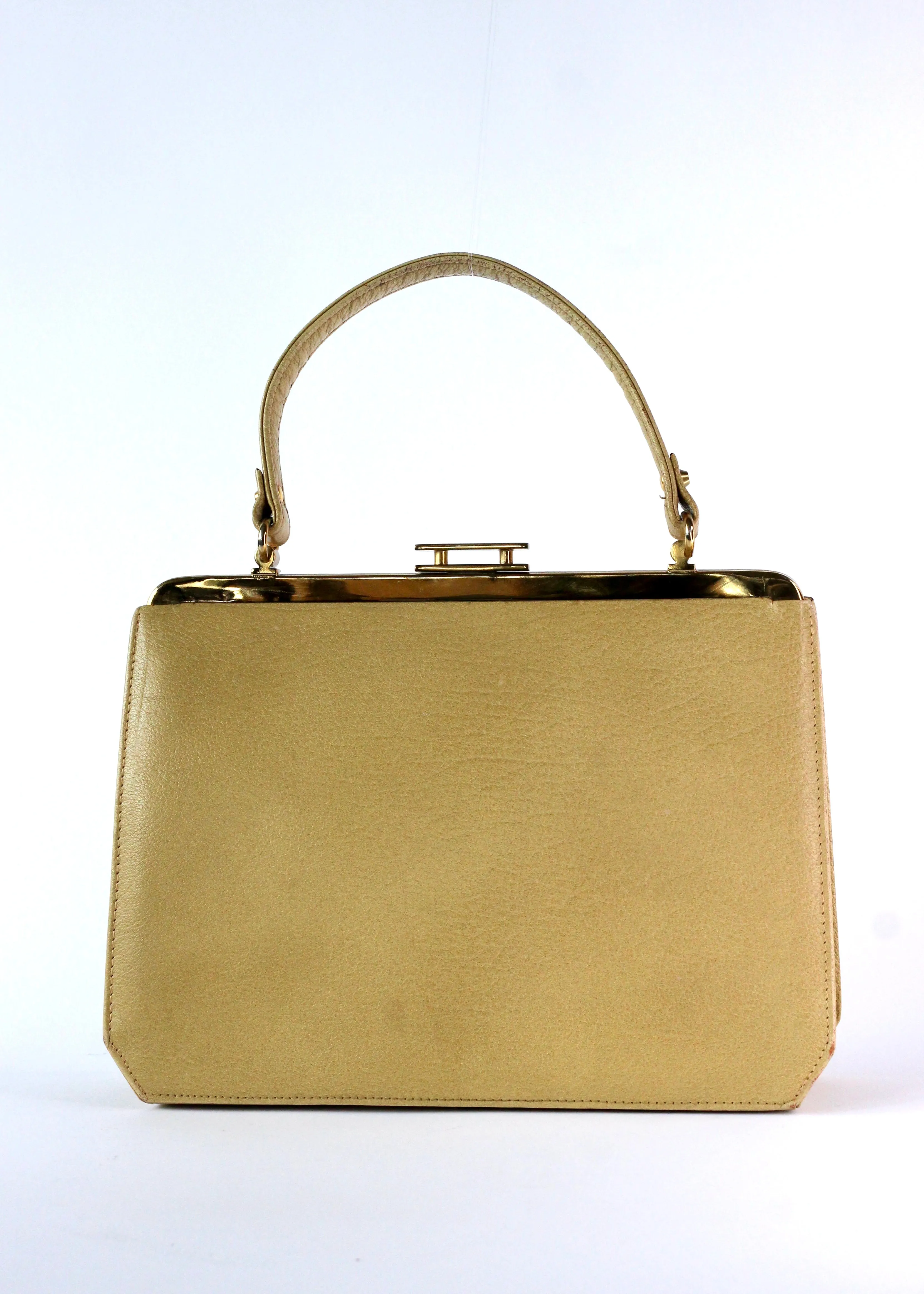1960s Dark Beige Leather Top Handle Bag with Brown Leather Linen/Danish Design