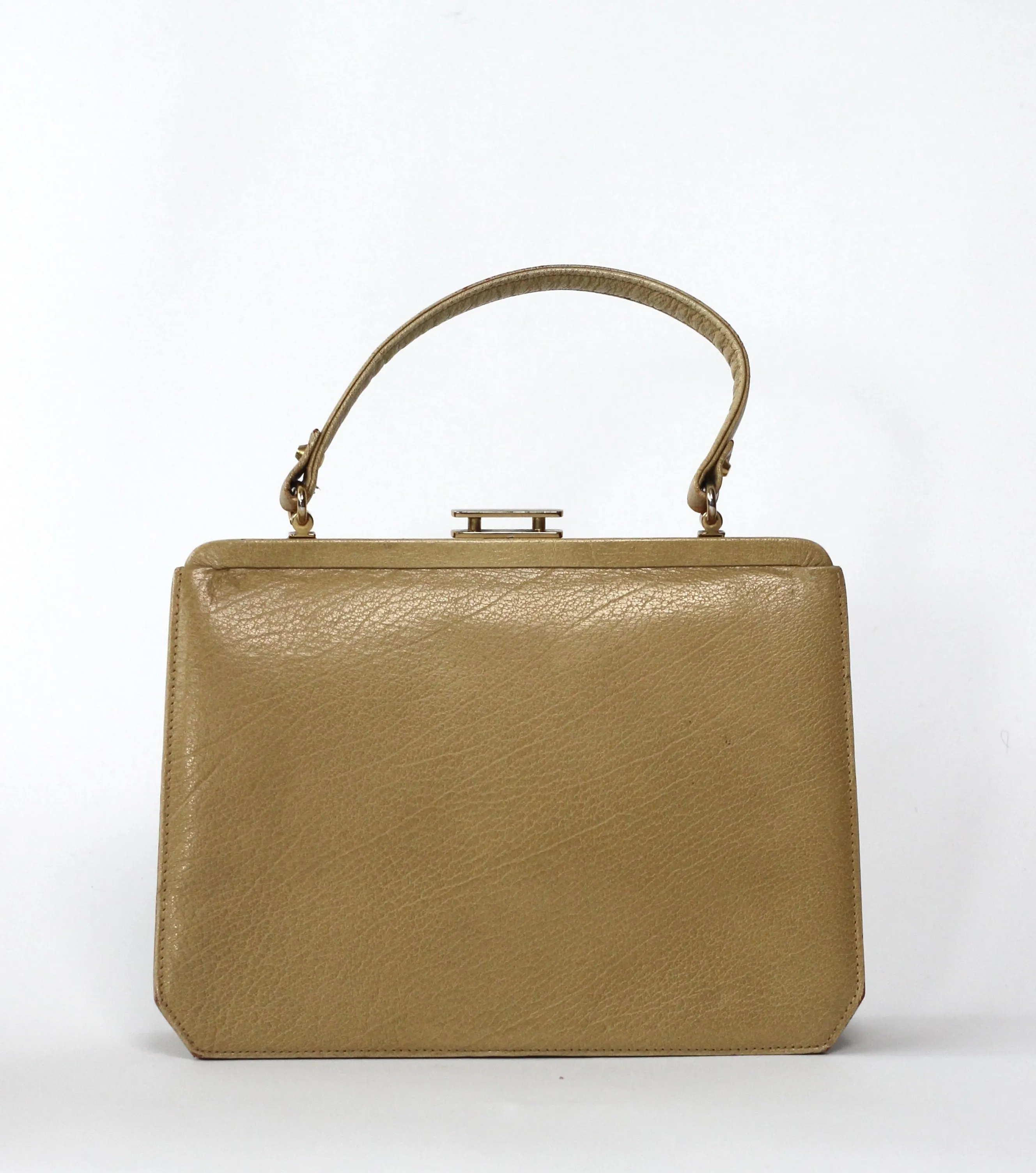 1960s Dark Beige Leather Top Handle Bag with Brown Leather Linen/Danish Design