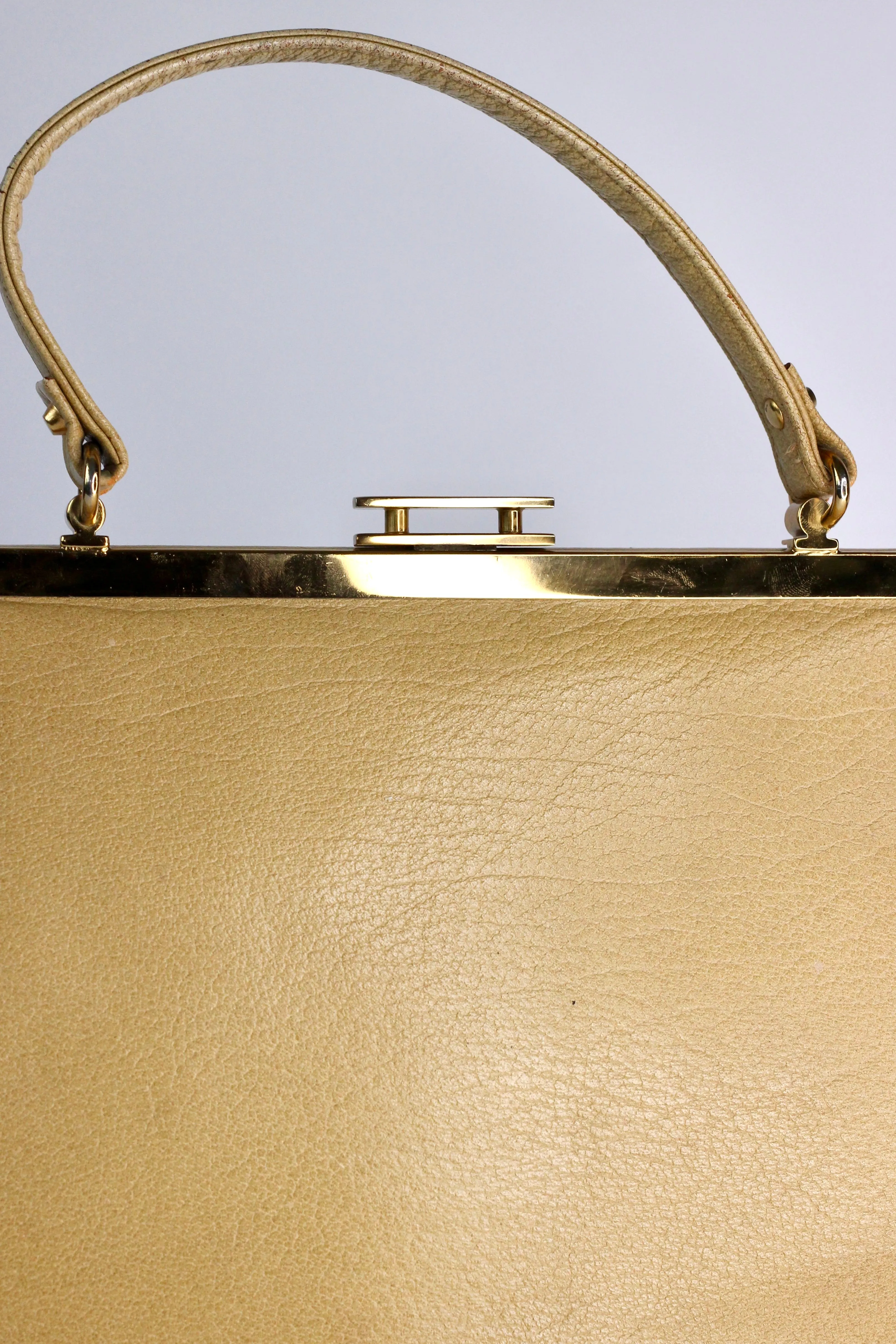 1960s Dark Beige Leather Top Handle Bag with Brown Leather Linen/Danish Design