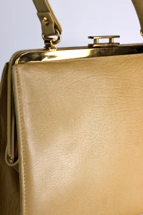1960s Dark Beige Leather Top Handle Bag with Brown Leather Linen/Danish Design