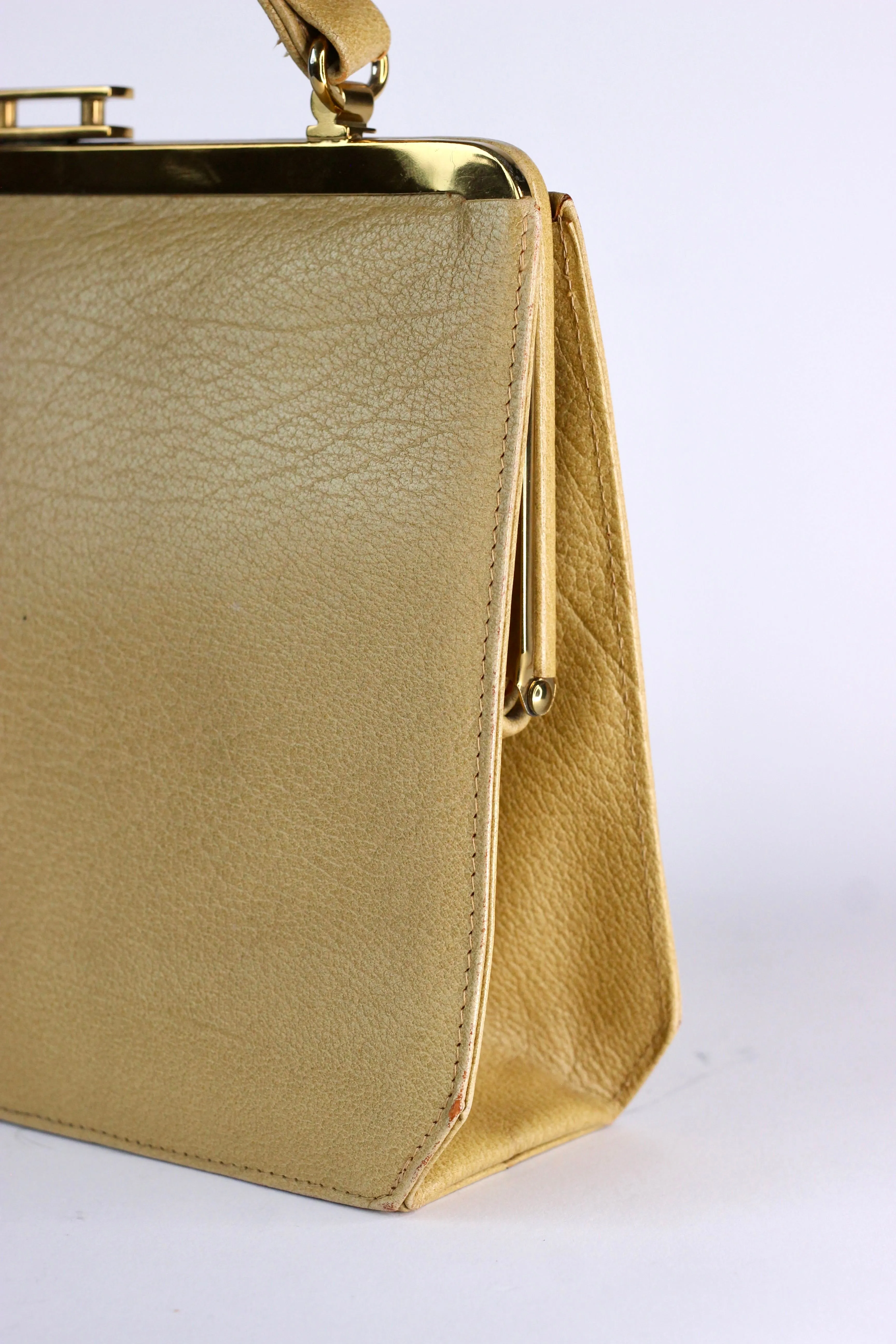 1960s Dark Beige Leather Top Handle Bag with Brown Leather Linen/Danish Design