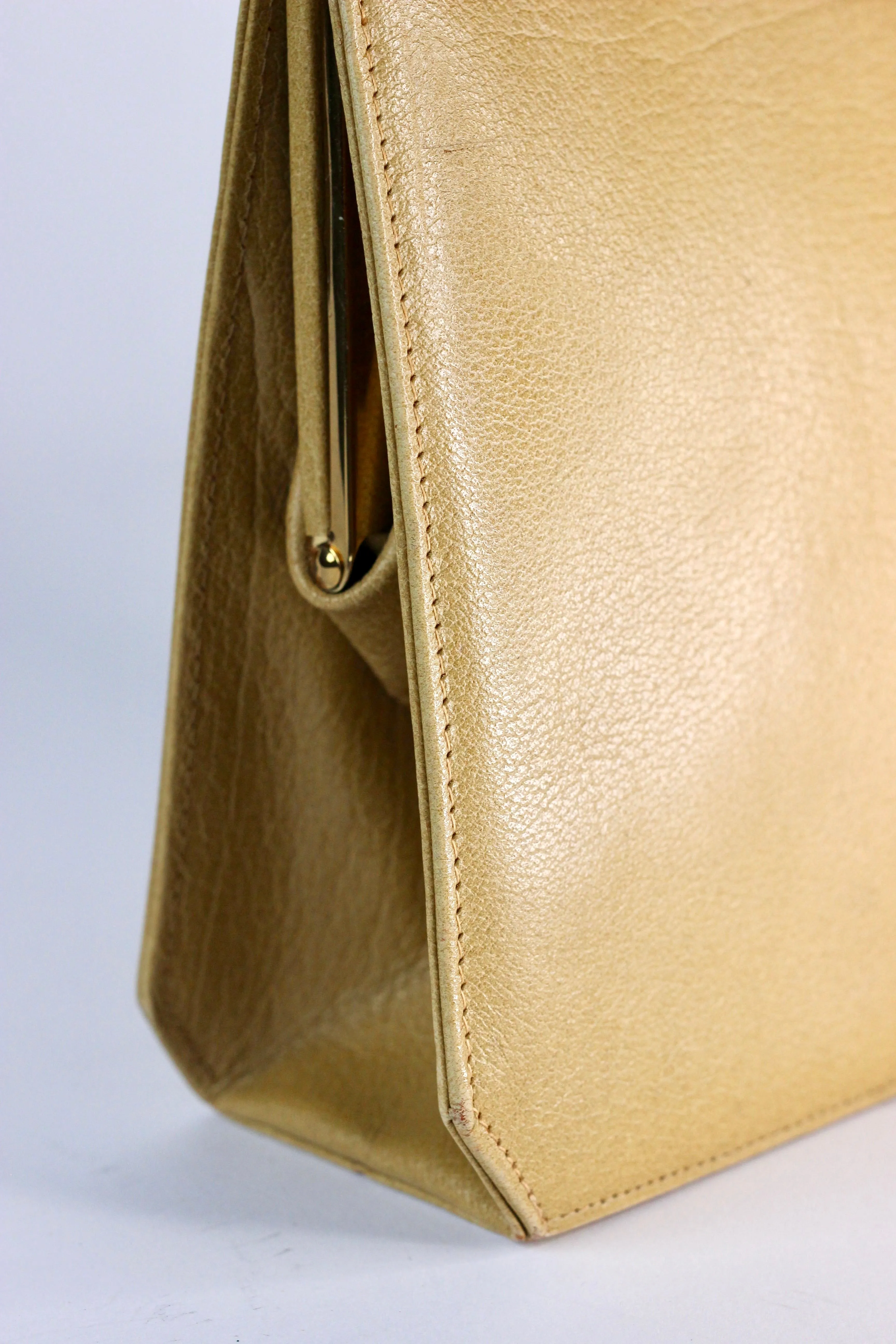 1960s Dark Beige Leather Top Handle Bag with Brown Leather Linen/Danish Design