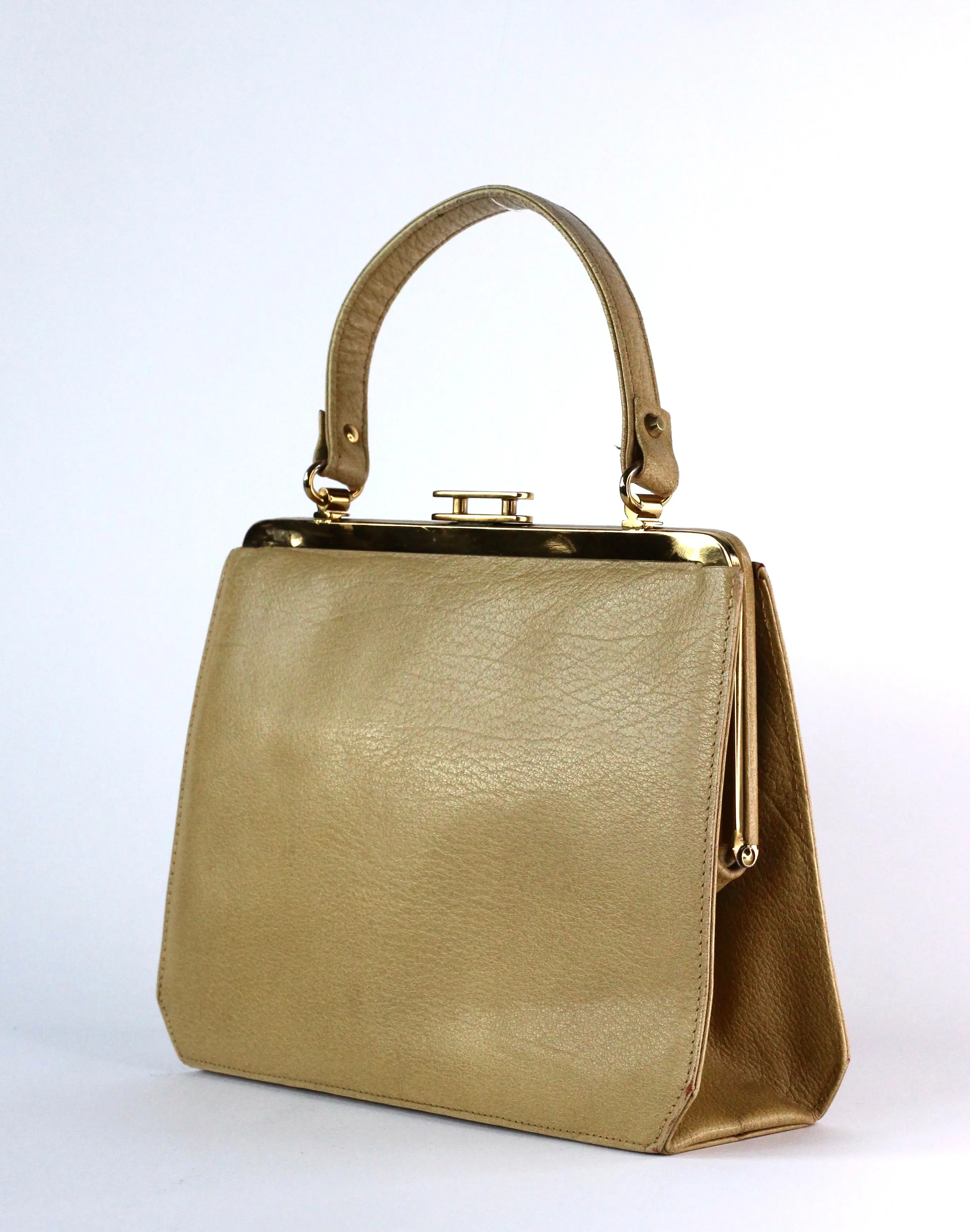 1960s Dark Beige Leather Top Handle Bag with Brown Leather Linen/Danish Design