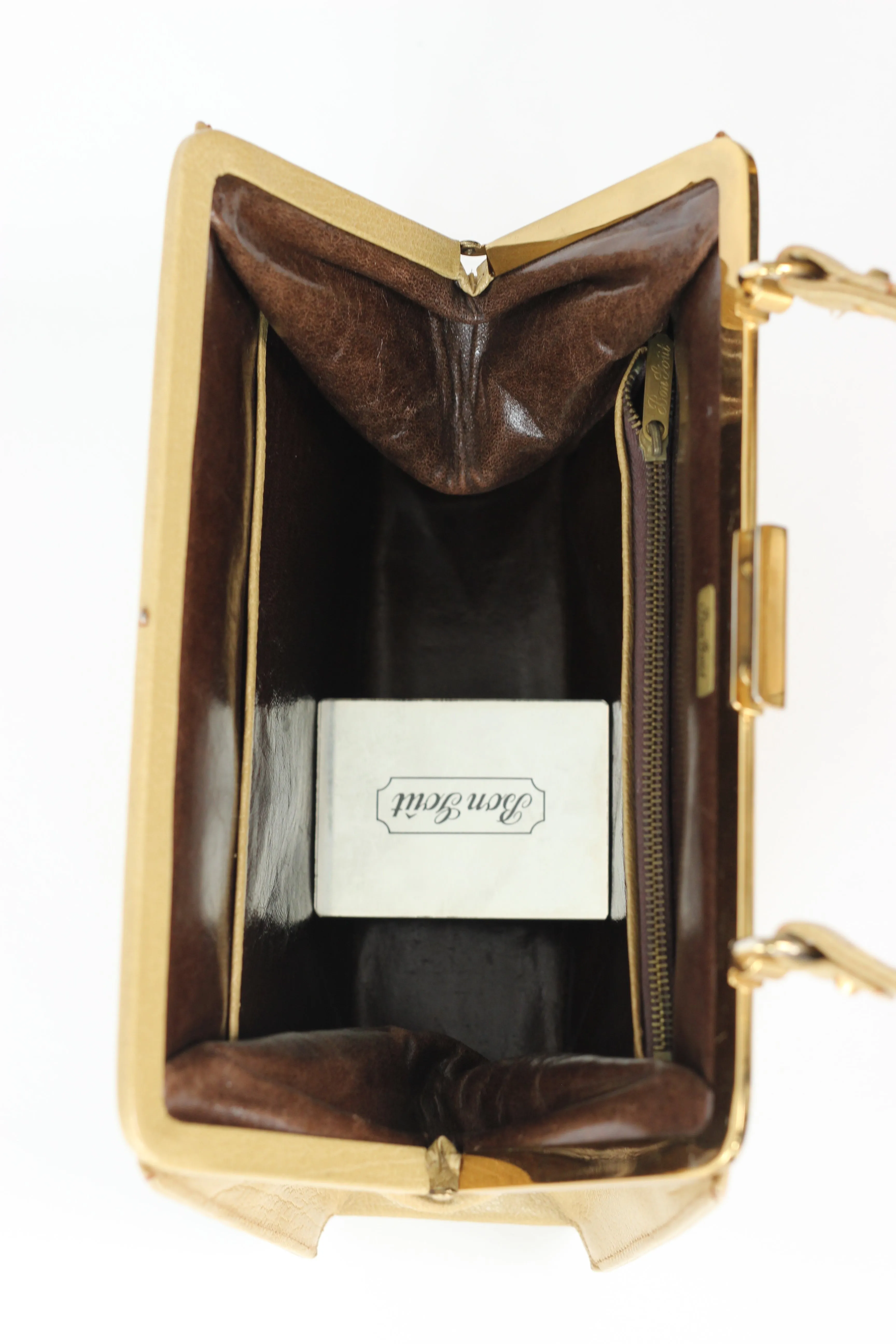 1960s Dark Beige Leather Top Handle Bag with Brown Leather Linen/Danish Design