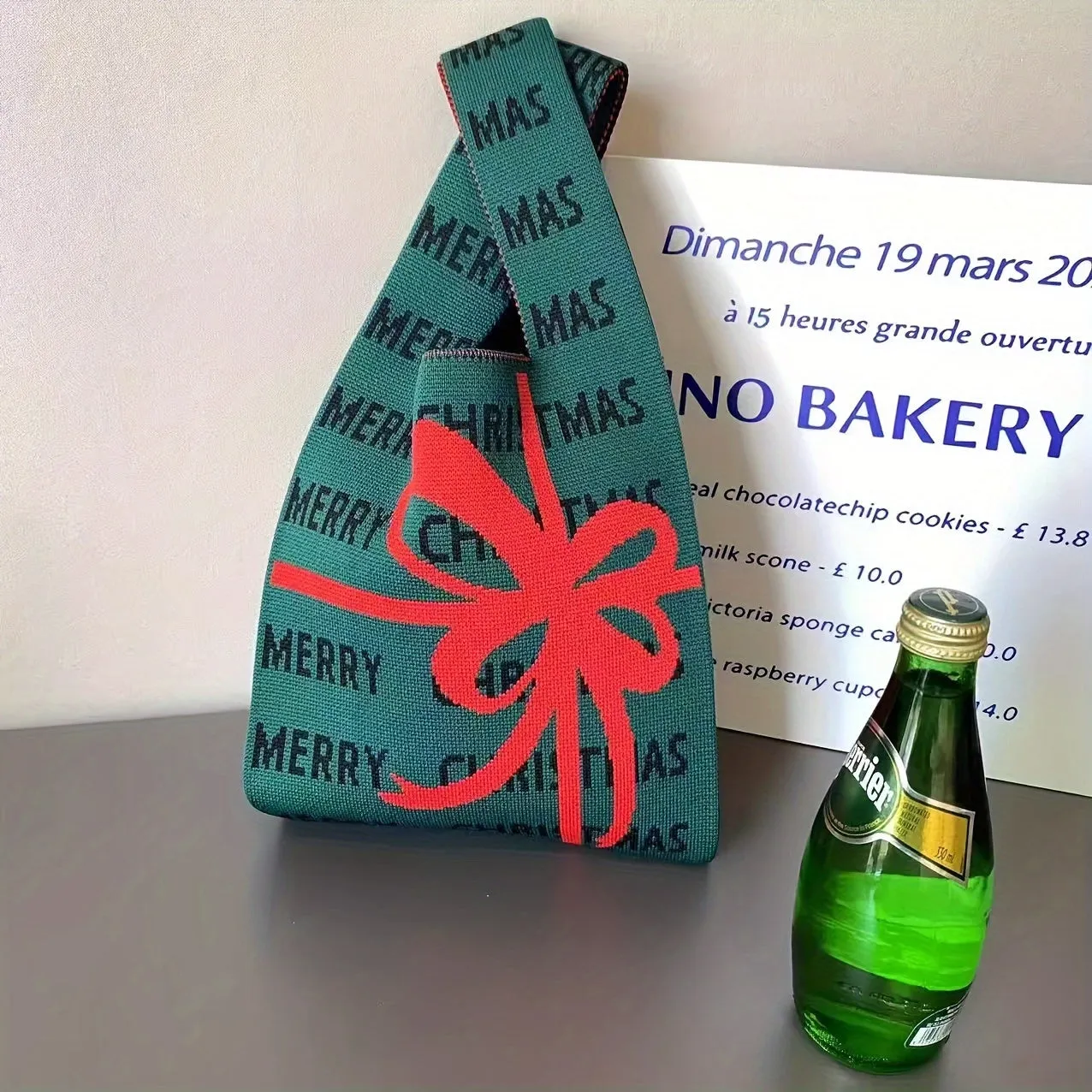 1pc Festive Knitted Polyester Tote Bag, Christmas Candy Gift Pouch, Women'S Handheld Knit Purse, Holiday Shopping Shoulder Bag with Painted Edges, No Closure - Red & Green