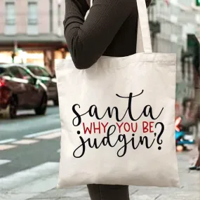 Christmas Aesthetic Tote Bag, Santa, Why You Be Judging Printed Handbag Large Capacity Trendy Simple Style Durable Canvas Bags For Outdoor, Party, Travelling, Shopping