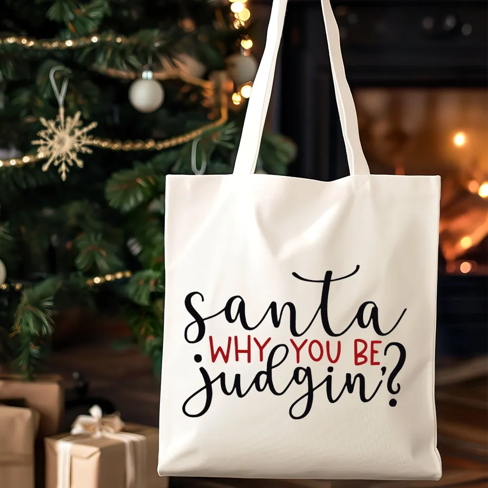 Christmas Aesthetic Tote Bag, Santa, Why You Be Judging Printed Handbag Large Capacity Trendy Simple Style Durable Canvas Bags For Outdoor, Party, Travelling, Shopping