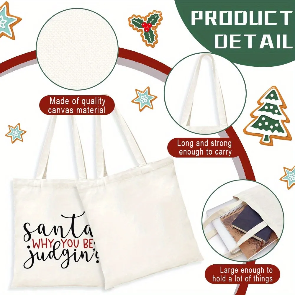 Christmas Aesthetic Tote Bag, Santa, Why You Be Judging Printed Handbag Large Capacity Trendy Simple Style Durable Canvas Bags For Outdoor, Party, Travelling, Shopping