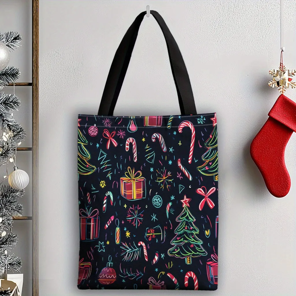 Elegant Christmas Tree & Candy Canes Canvas Tote Bag - Perfect for Shopping, Gifts & Everyday Use, Christmas Gift Bags