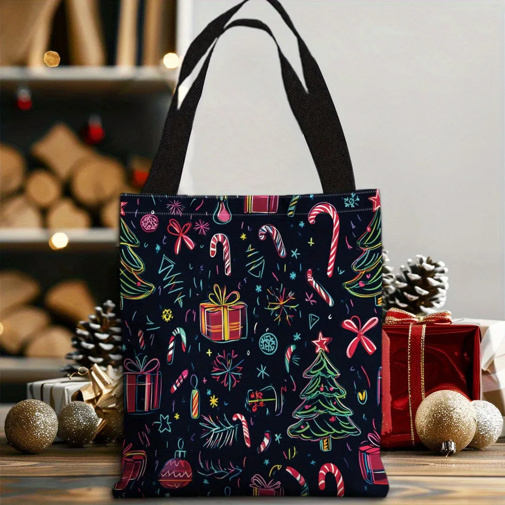 Elegant Christmas Tree & Candy Canes Canvas Tote Bag - Perfect for Shopping, Gifts & Everyday Use, Christmas Gift Bags