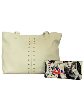 Fino NY-7694 1655-765 Faux Leather Silver Stud Handbag & Purse Set - White
