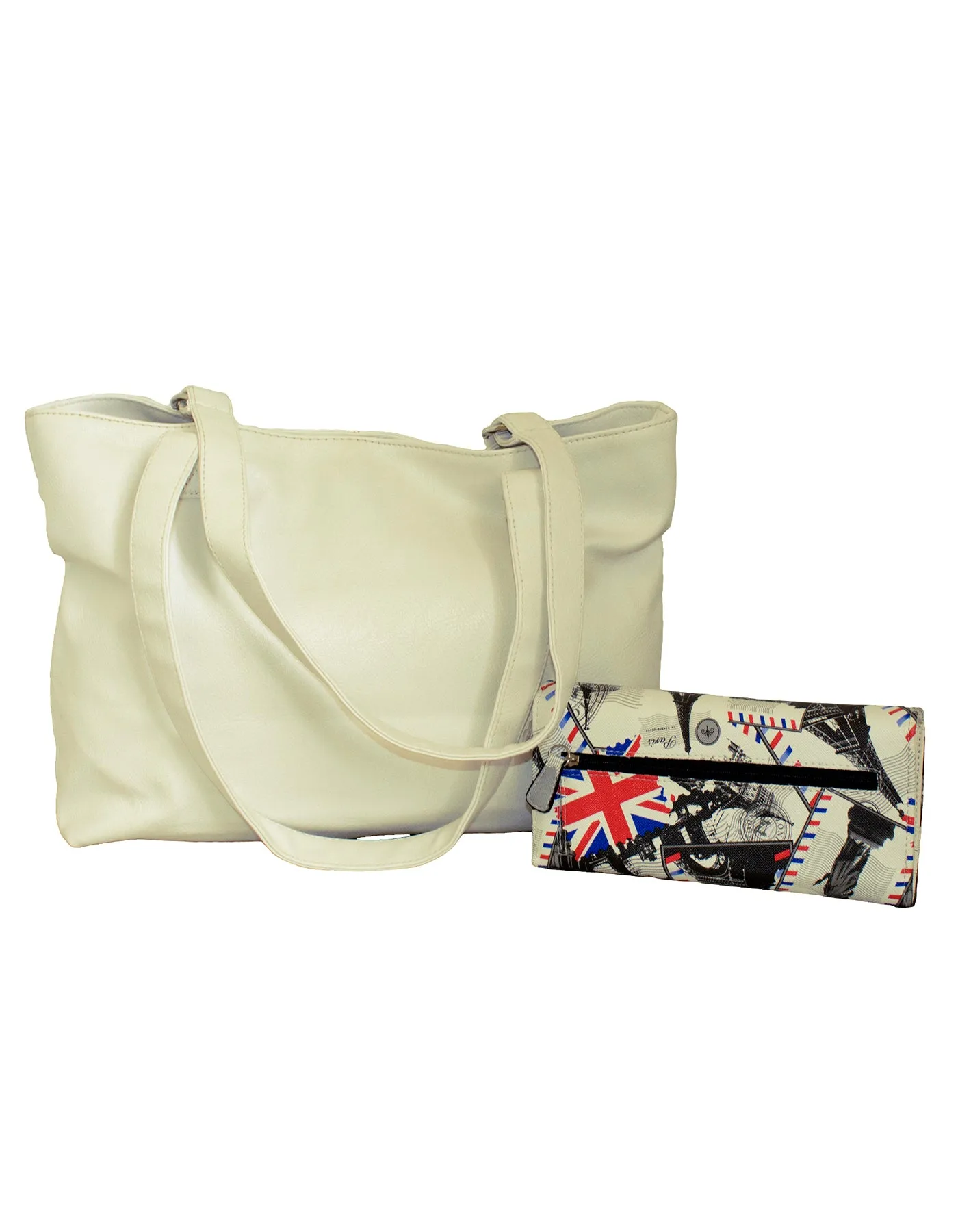 Fino NY-7694 1655-765 Faux Leather Silver Stud Handbag & Purse Set - White