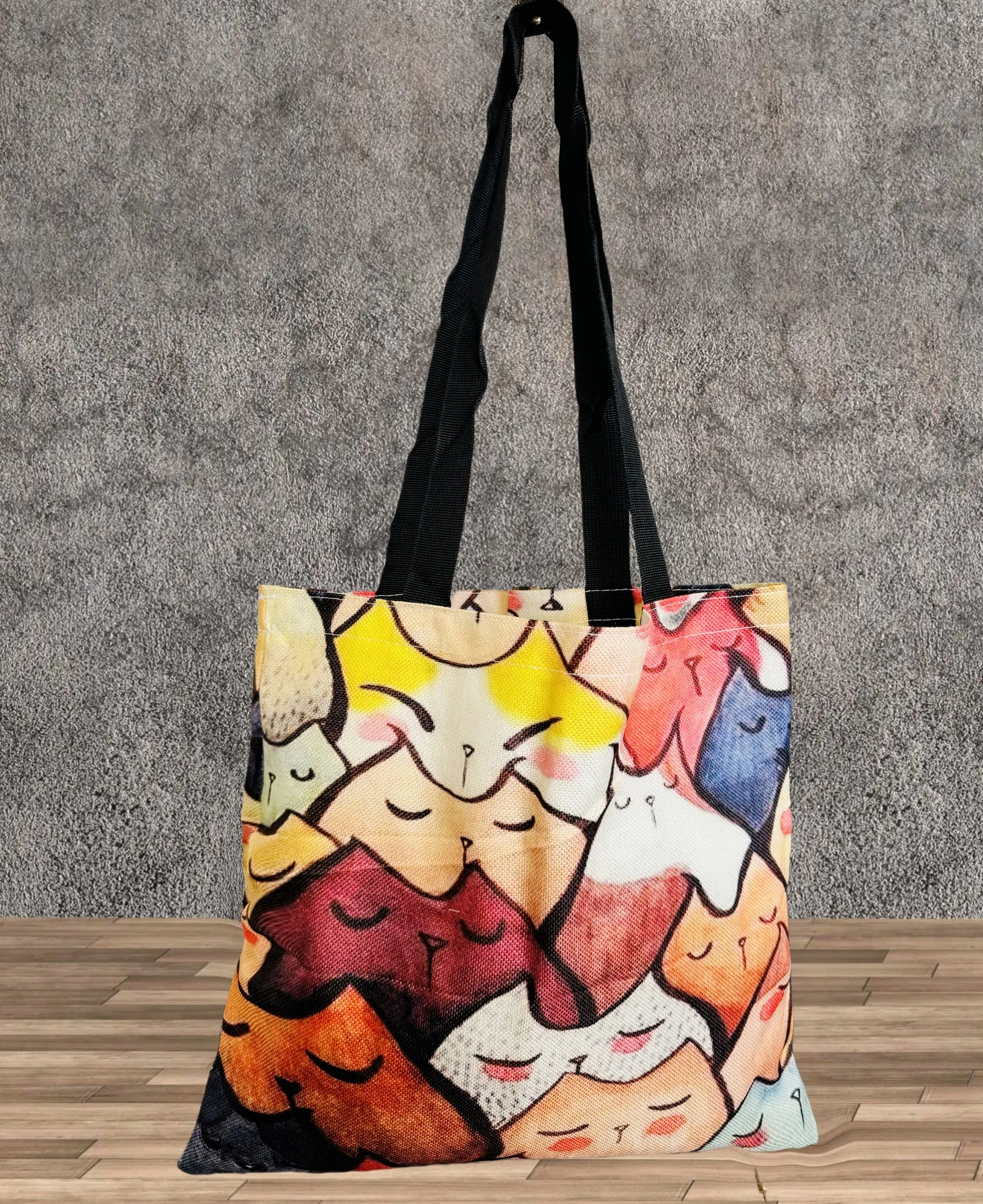 Red-Orange Multicolor Cat Linen Tote Bag