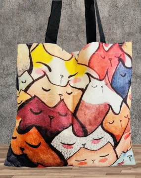 Red-Orange Multicolor Cat Linen Tote Bag