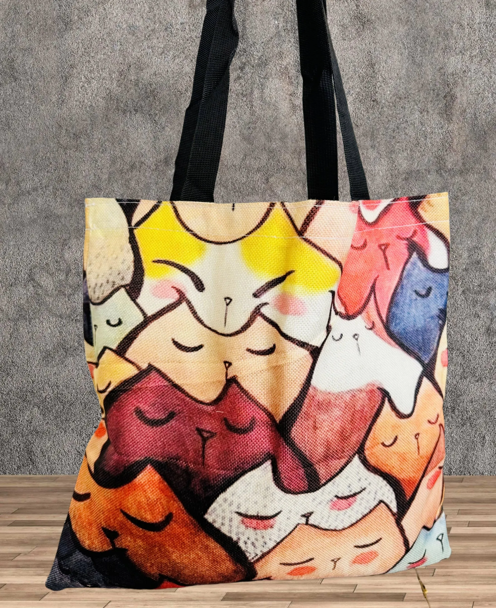 Red-Orange Multicolor Cat Linen Tote Bag