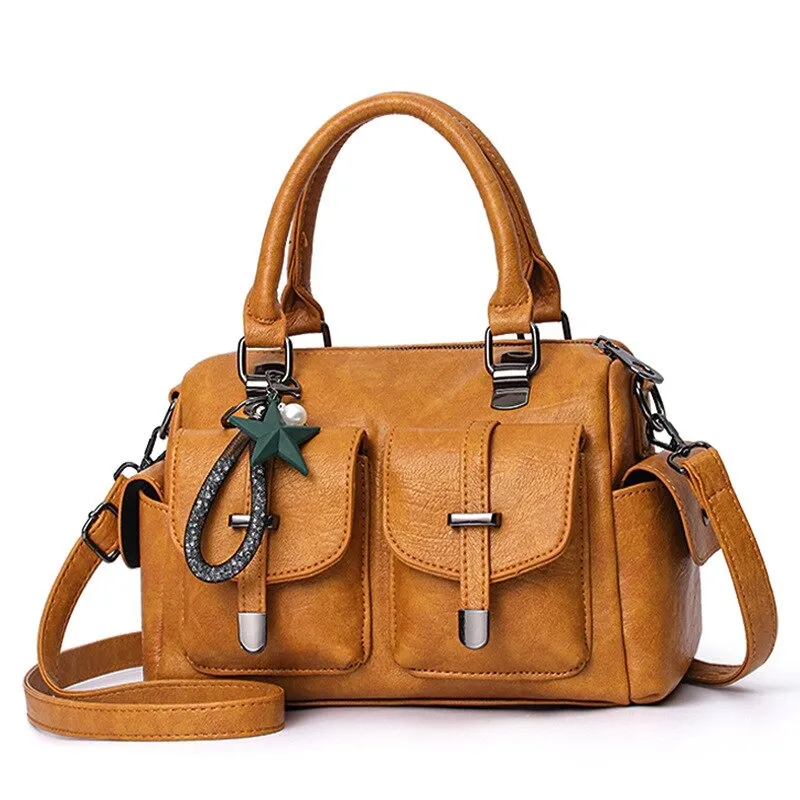 Vintage Women Handbag With Star Pendant / Soft Leather Shoulder Bag / Multi-pocket Top-handle Bag