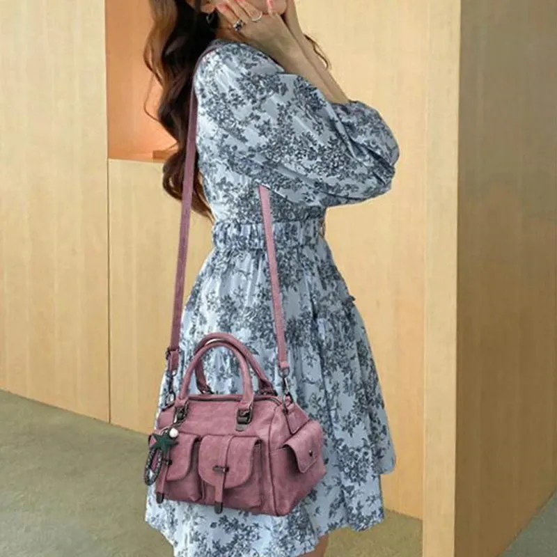 Vintage Women Handbag With Star Pendant / Soft Leather Shoulder Bag / Multi-pocket Top-handle Bag