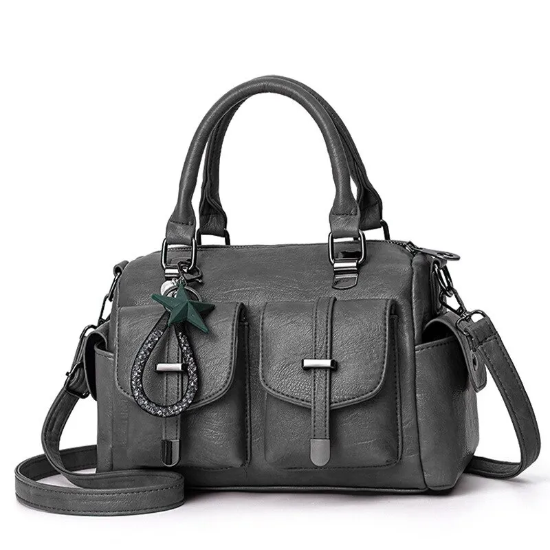 Vintage Women Handbag With Star Pendant / Soft Leather Shoulder Bag / Multi-pocket Top-handle Bag