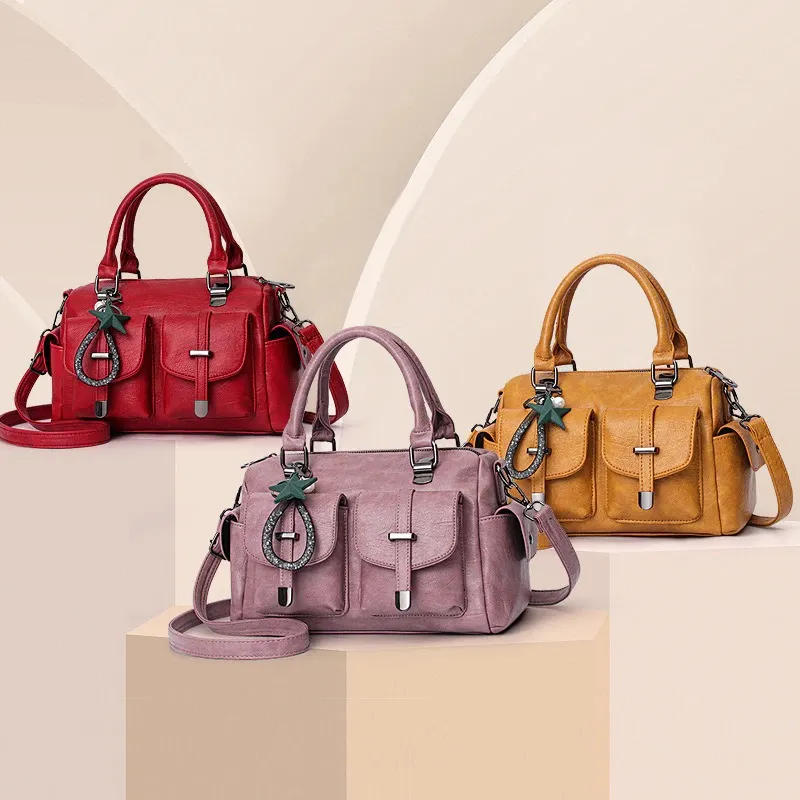 Vintage Women Handbag With Star Pendant / Soft Leather Shoulder Bag / Multi-pocket Top-handle Bag