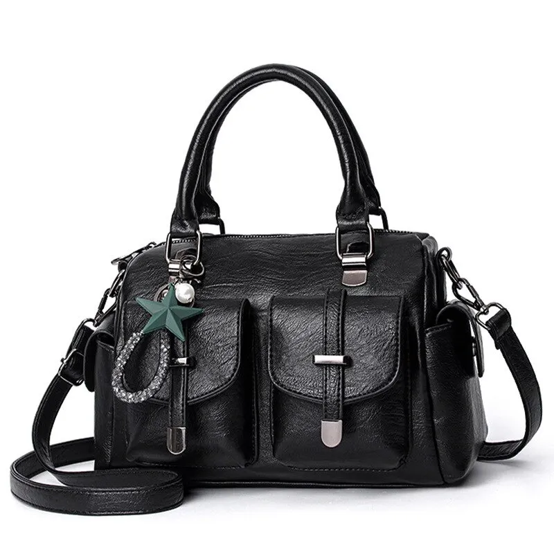 Vintage Women Handbag With Star Pendant / Soft Leather Shoulder Bag / Multi-pocket Top-handle Bag