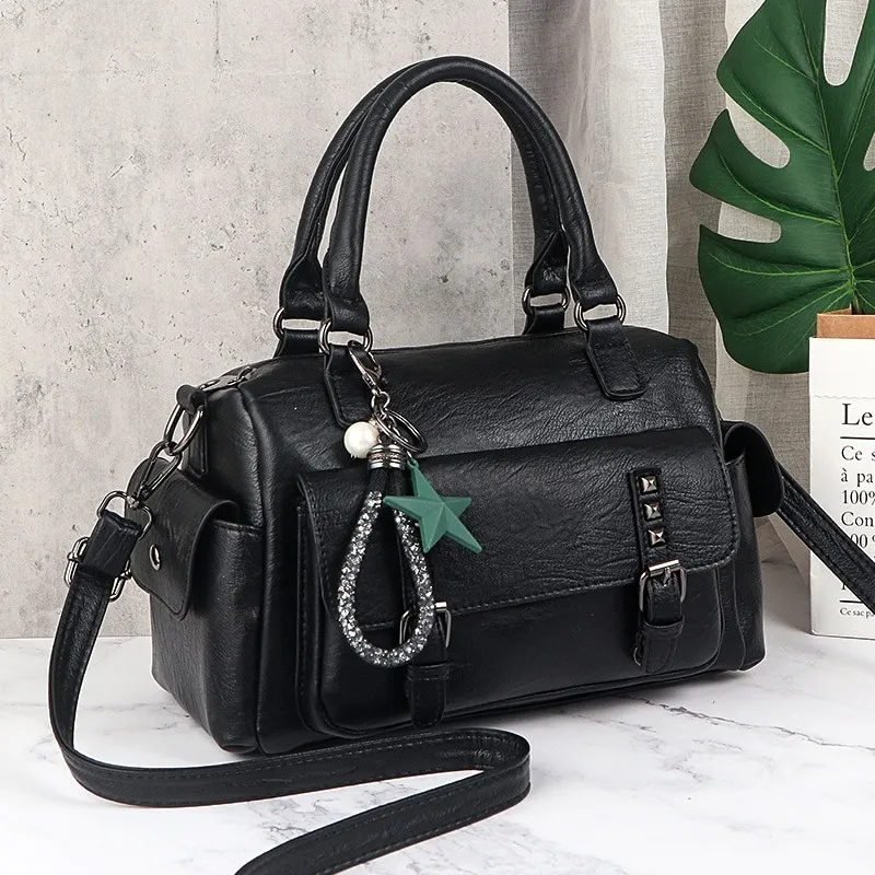 Vintage Women Handbag With Star Pendant / Soft Leather Shoulder Bag / Multi-pocket Top-handle Bag
