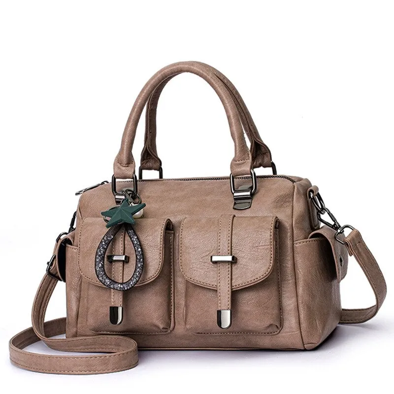 Vintage Women Handbag With Star Pendant / Soft Leather Shoulder Bag / Multi-pocket Top-handle Bag