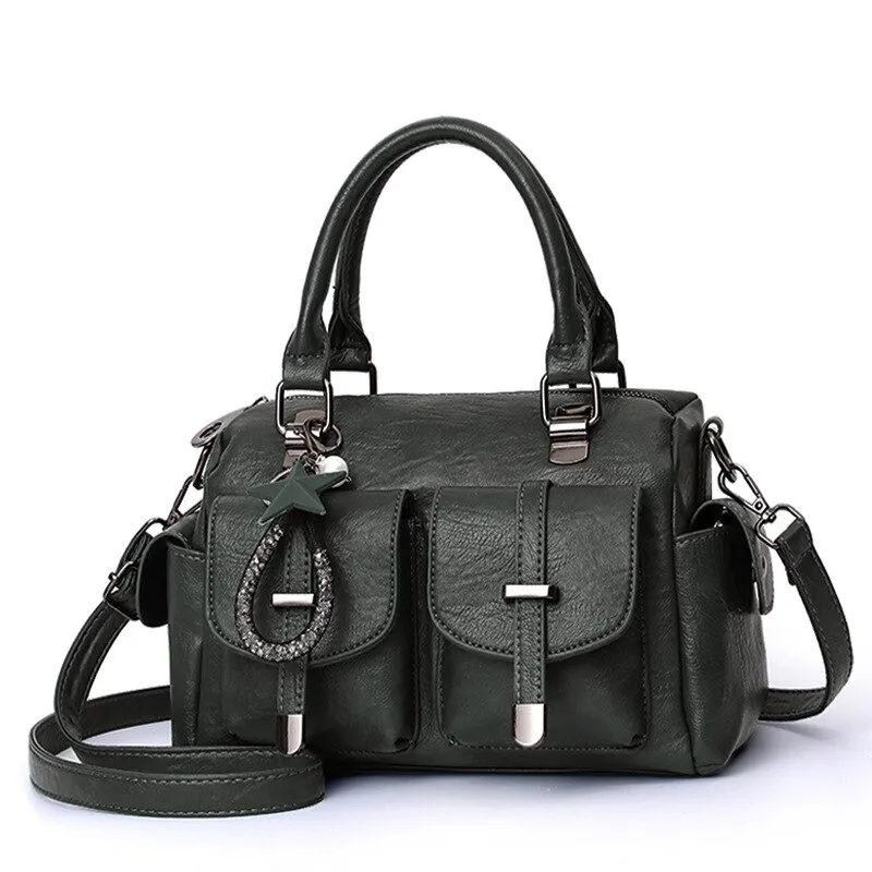 Vintage Women Handbag With Star Pendant / Soft Leather Shoulder Bag / Multi-pocket Top-handle Bag