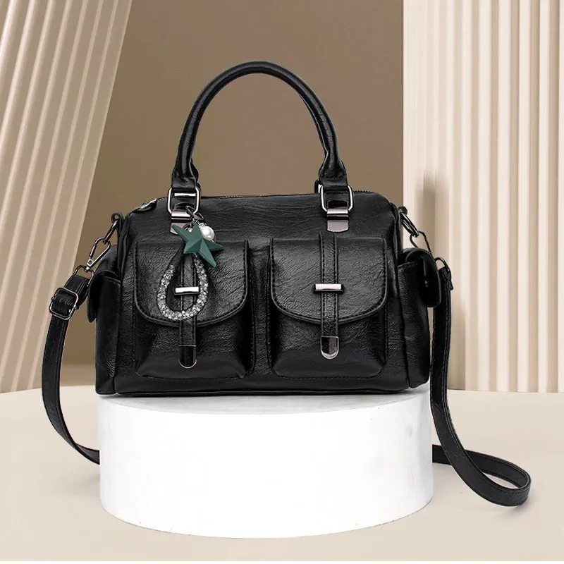 Vintage Women Handbag With Star Pendant / Soft Leather Shoulder Bag / Multi-pocket Top-handle Bag