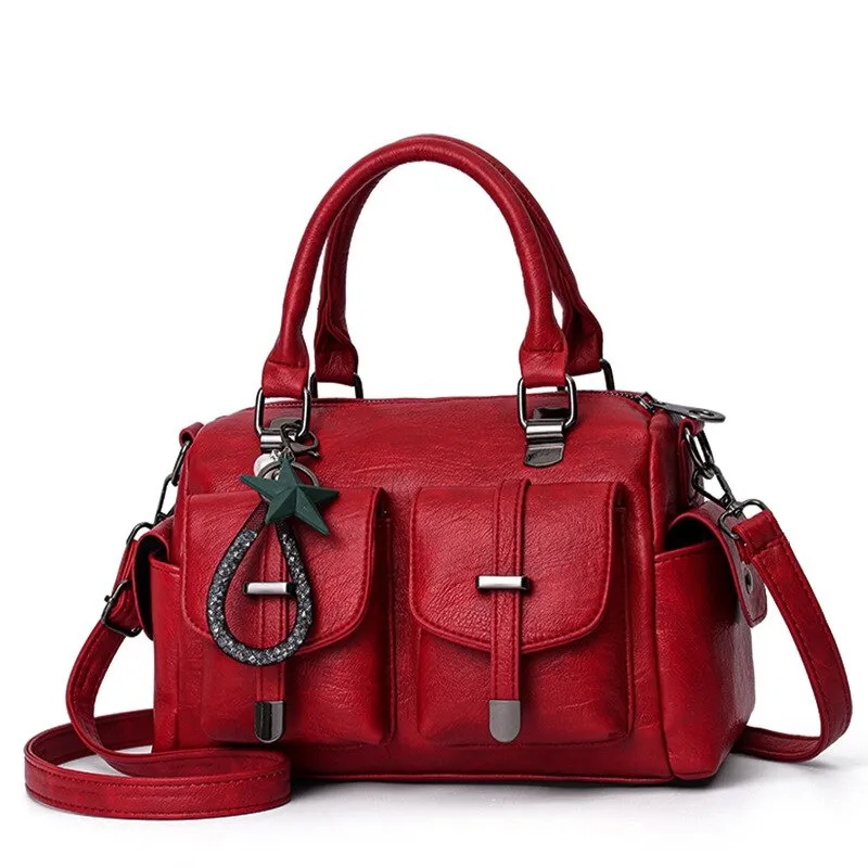 Vintage Women Handbag With Star Pendant / Soft Leather Shoulder Bag / Multi-pocket Top-handle Bag
