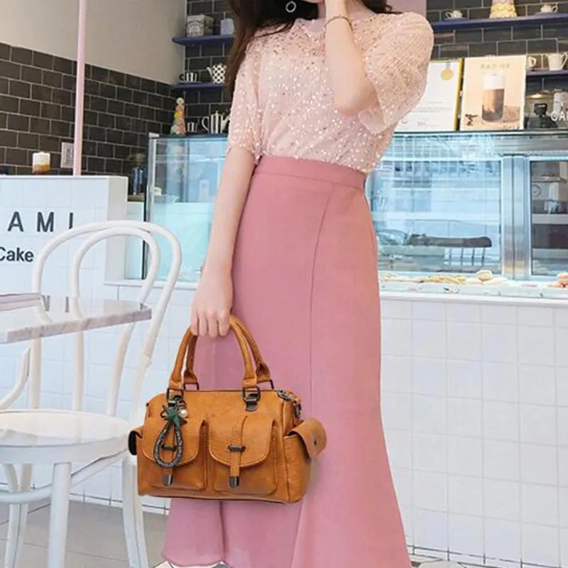 Vintage Women Handbag With Star Pendant / Soft Leather Shoulder Bag / Multi-pocket Top-handle Bag