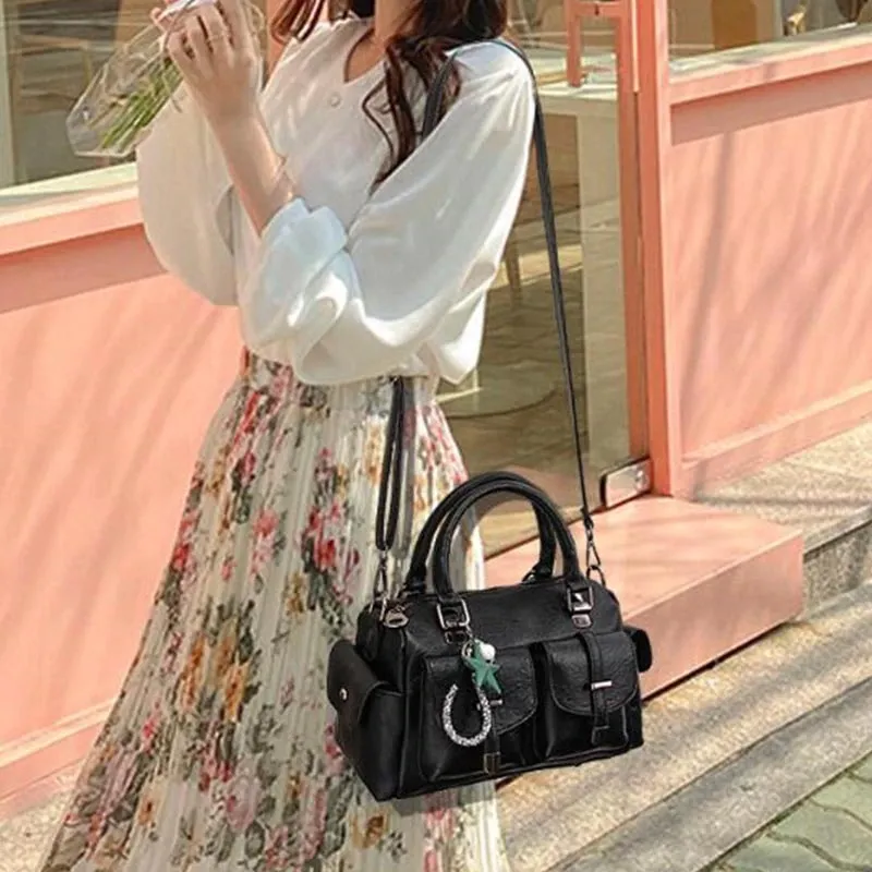 Vintage Women Handbag With Star Pendant / Soft Leather Shoulder Bag / Multi-pocket Top-handle Bag