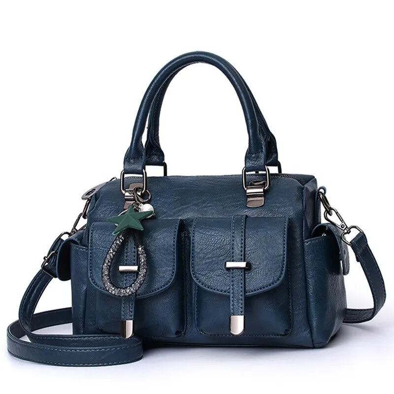 Vintage Women Handbag With Star Pendant / Soft Leather Shoulder Bag / Multi-pocket Top-handle Bag