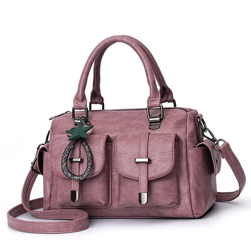 Vintage Women Handbag With Star Pendant / Soft Leather Shoulder Bag / Multi-pocket Top-handle Bag