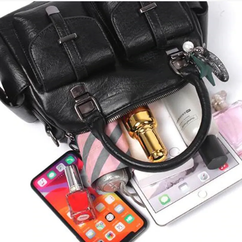 Vintage Women Handbag With Star Pendant / Soft Leather Shoulder Bag / Multi-pocket Top-handle Bag