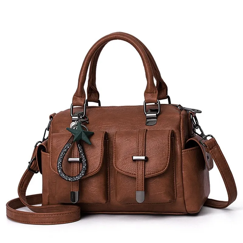 Vintage Women Handbag With Star Pendant / Soft Leather Shoulder Bag / Multi-pocket Top-handle Bag
